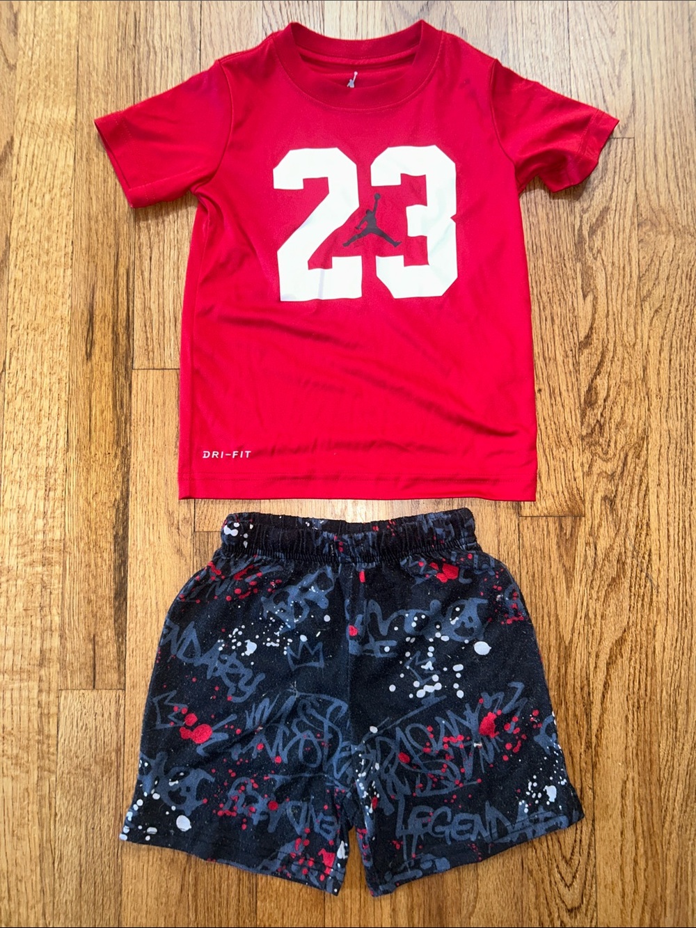Jordan Red Number 23 Tee with Black Graffiti-Print Shorts
